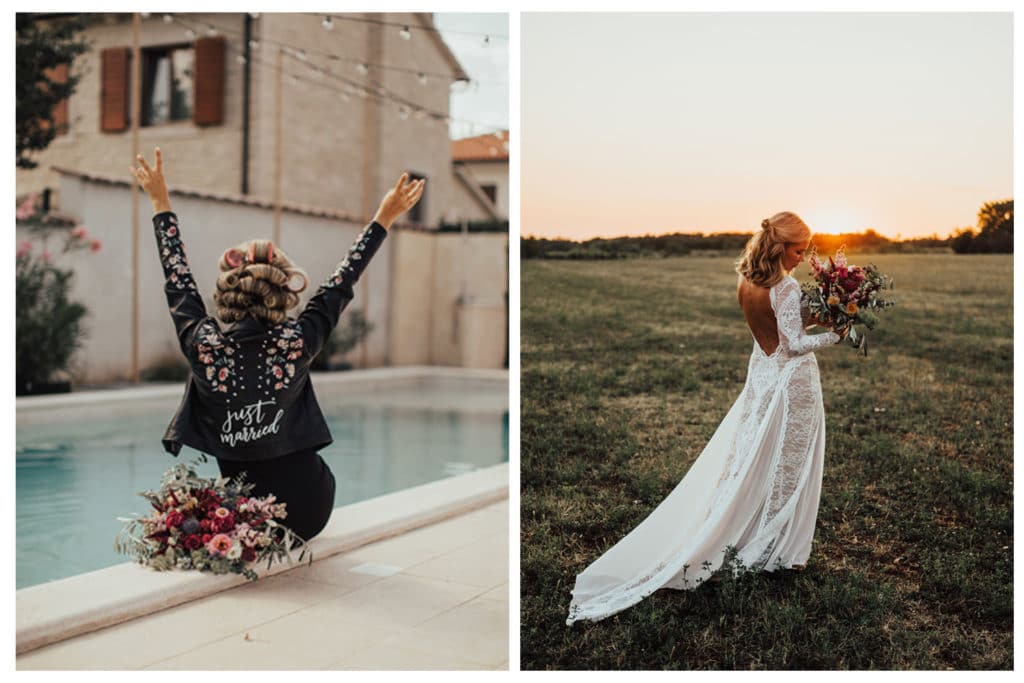 Boho nevesta s poročnim šopkom sedi ob bazenu