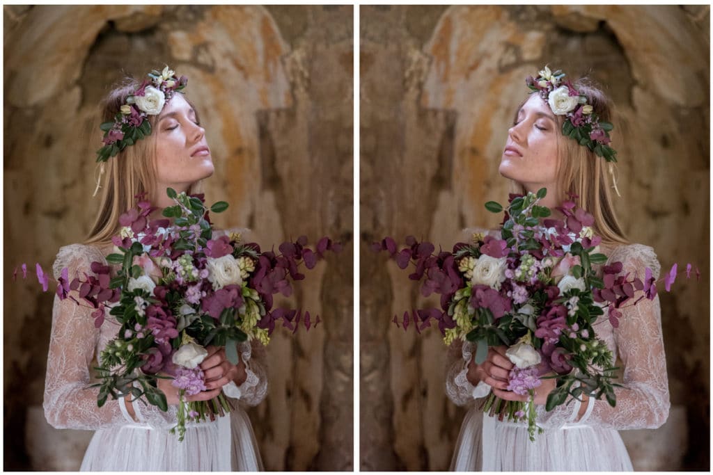 Nevesta s poročnim šopkom in venčkom za v lase iz evkaliptusa