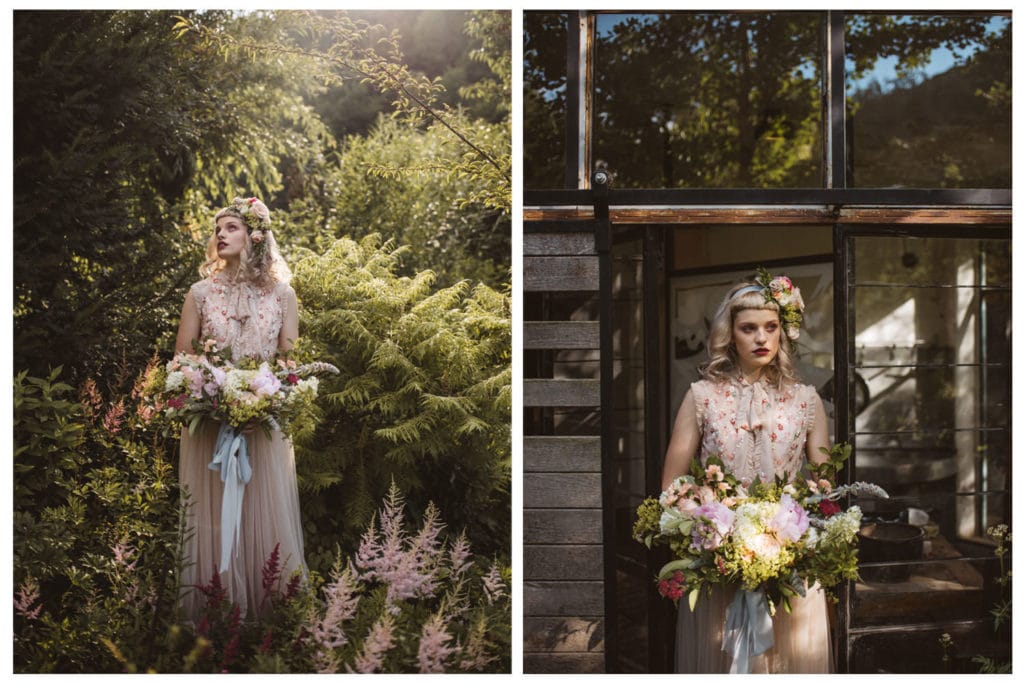 Nevesta z divjim poročnim šopkom iz potonik v cvetočem vrtu